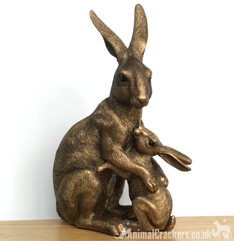 Large (25.5cm high) Leonardo Reflections Bronzed range bronze effect Hare with Baby ornament figurine in quality gold gift box