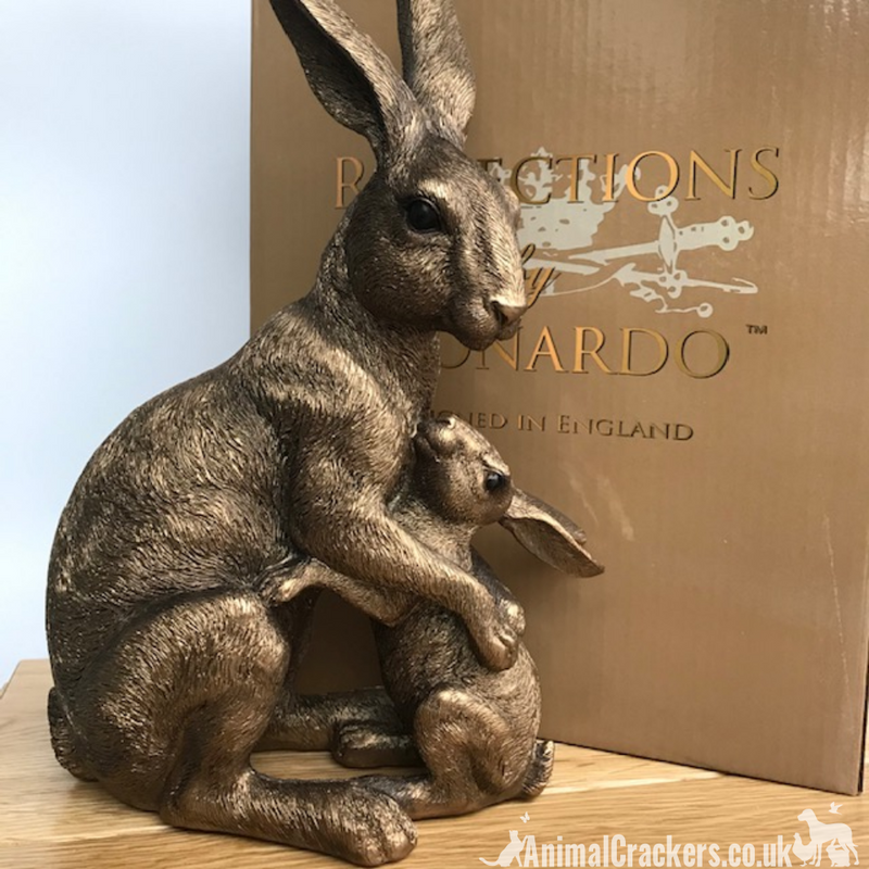 Large (25.5cm high) Leonardo Reflections Bronzed range bronze effect Hare with Baby ornament figurine in quality gold gift box