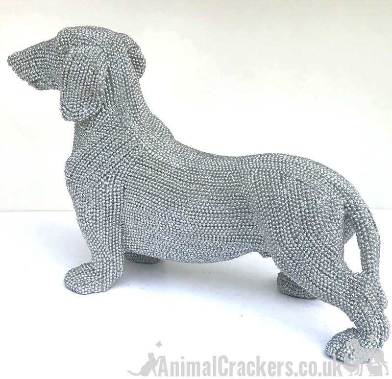 Glitzy glittery silver sparkle diamante Dachshund Sausage Dog ornament figurine