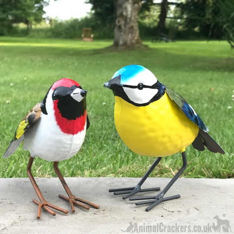 SET OF 2 larger than life metal garden bird ornaments (1 Blue Tit + 1 Goldfinch) in lovely bright colours