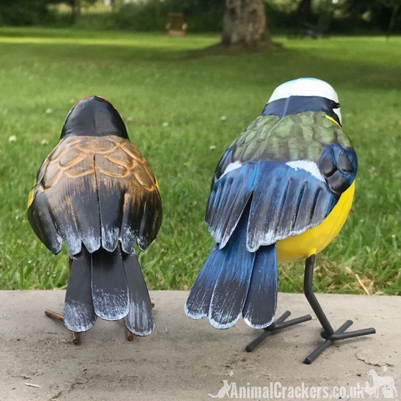 SET OF 2 larger than life metal garden bird ornaments (1 Blue Tit + 1 Goldfinch) in lovely bright colours