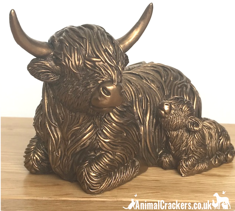 Laying Highland Cow Mother & Calf ornament figurine from the Leonardo Reflections Bronzed range