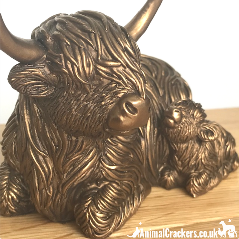 Laying Highland Cow Mother & Calf ornament figurine from the Leonardo Reflections Bronzed range