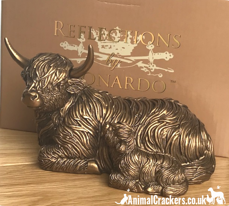 Laying Highland Cow Mother & Calf ornament figurine from the Leonardo Reflections Bronzed range