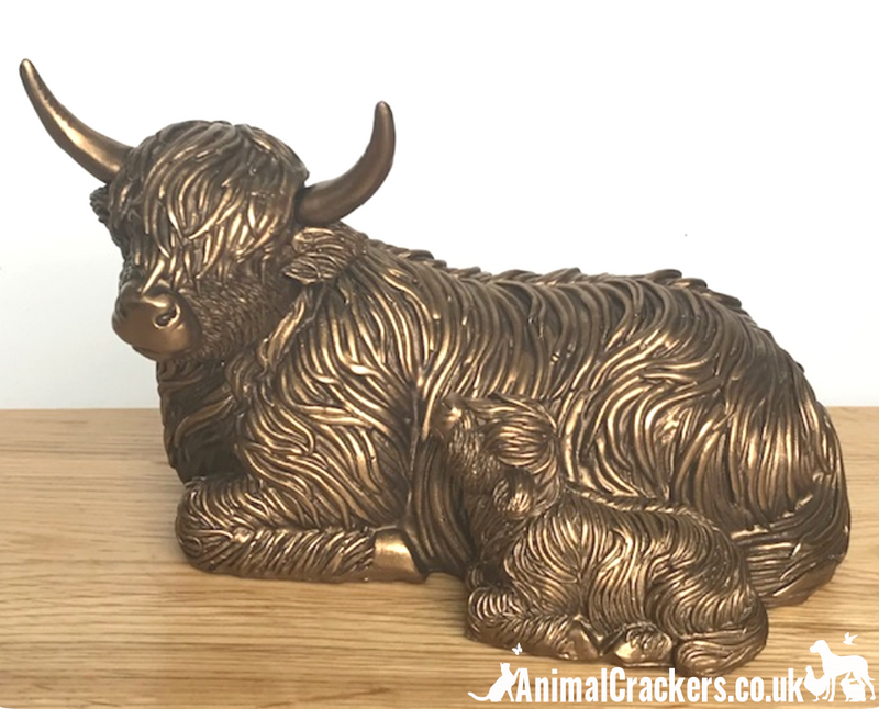 Laying Highland Cow Mother & Calf ornament figurine from the Leonardo Reflections Bronzed range