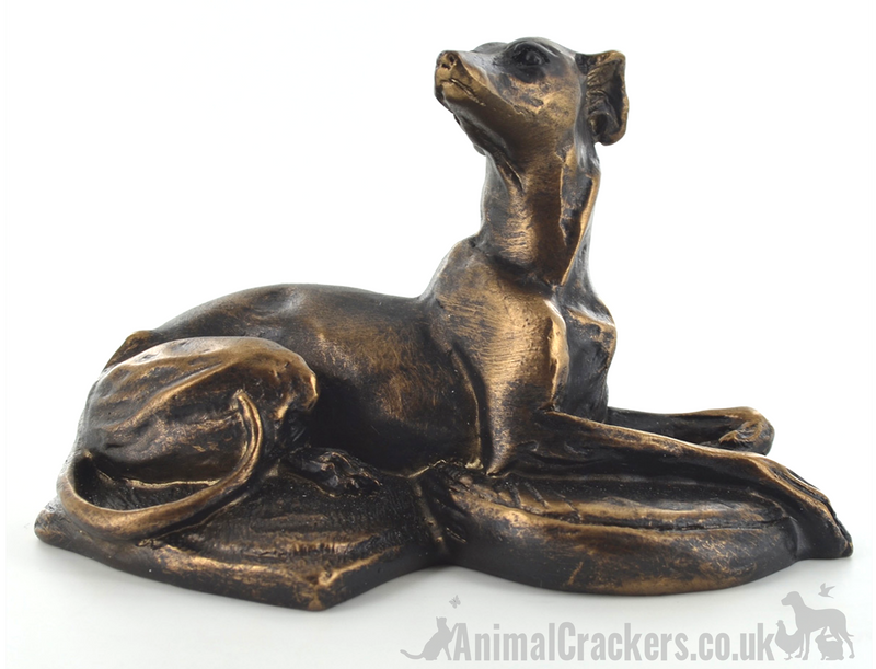 Bronze effect Laying Whippet sculpture designed by Harriet Glen, quality dog lover figurine