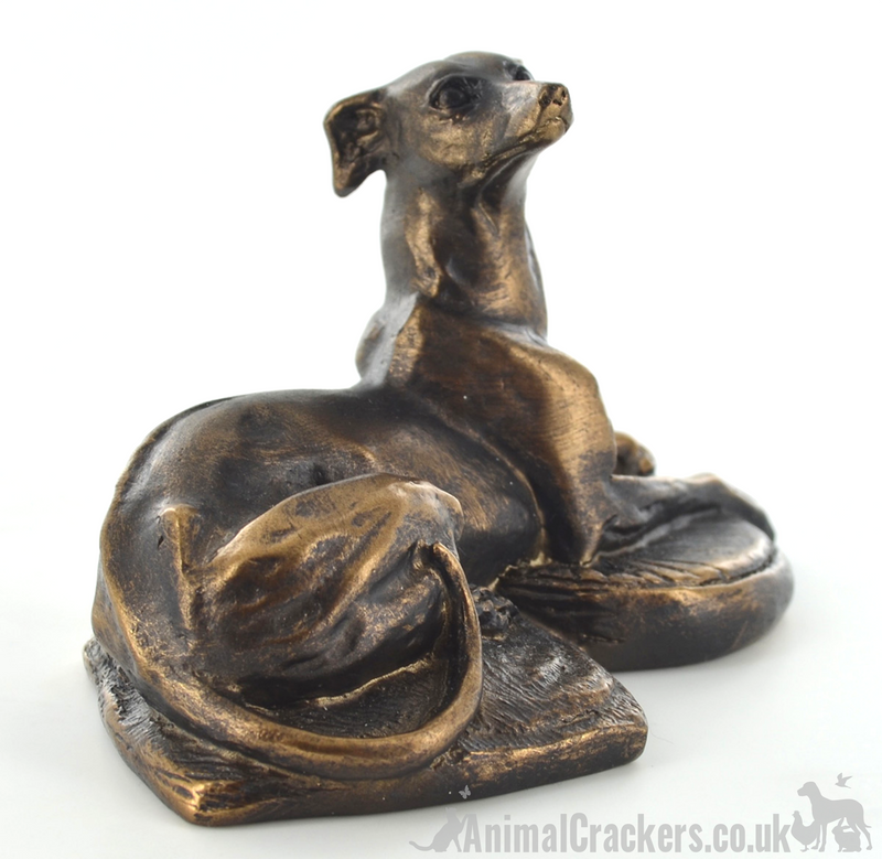 Bronze effect Laying Whippet sculpture designed by Harriet Glen, quality dog lover figurine