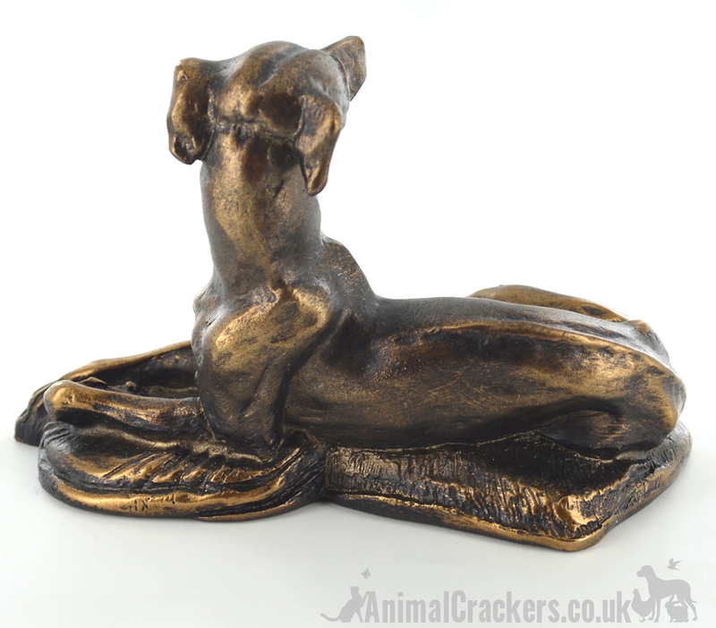 Bronze effect Laying Whippet sculpture designed by Harriet Glen, quality dog lover figurine