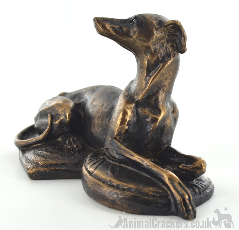 Bronze effect Laying Whippet sculpture designed by Harriet Glen, quality dog lover figurine