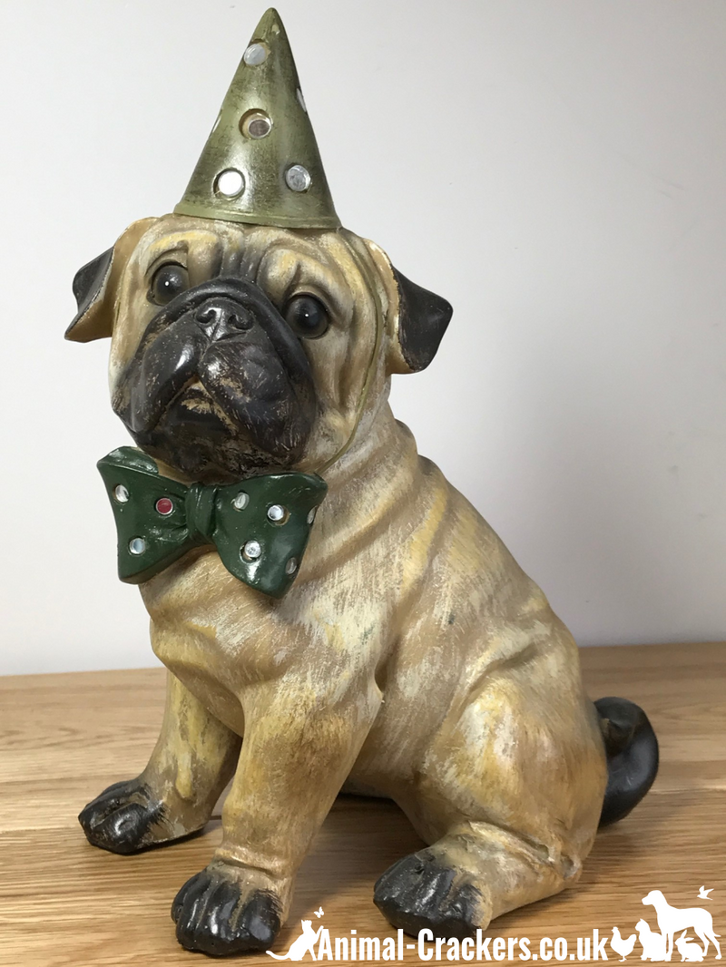 Large Party Pug in hat & bow tie figurine, quality heavy weight item