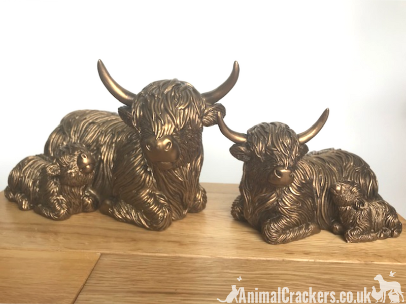 Laying Highland Cow Mother & Calf ornament figurine from the Leonardo Reflections Bronzed range