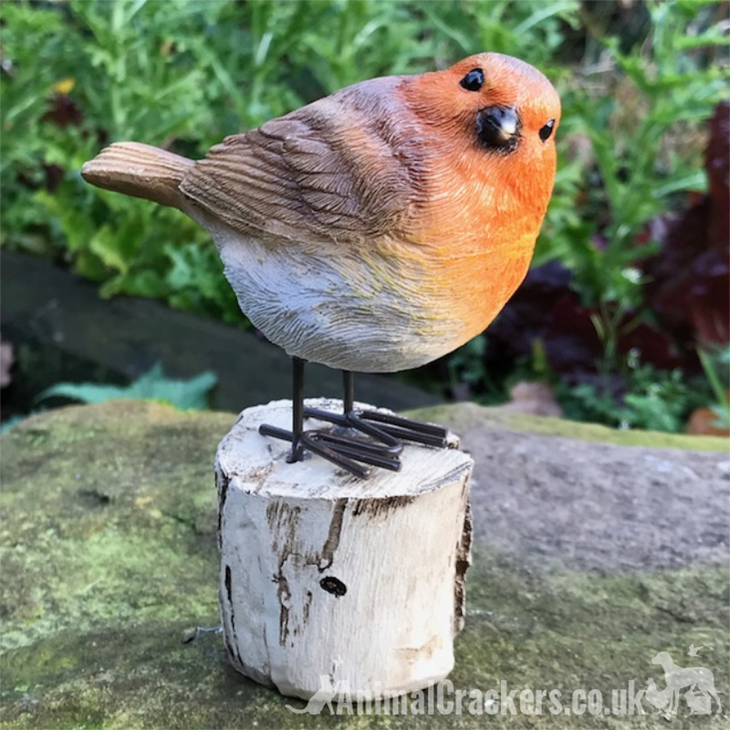 SET 2 ROBINS ON LOG indoor outdoor garden ornaments decoration robin lover gift