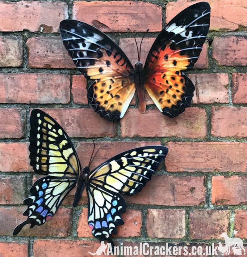 2 large 35cm metal Butterfly wall art decorations, one Yellow one Orange, boxed