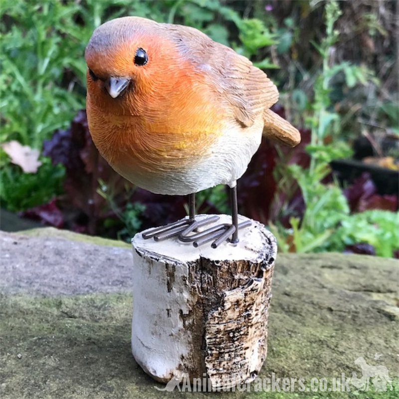 SET 2 ROBINS ON LOG indoor outdoor garden ornaments decoration robin lover gift