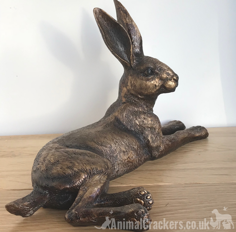Large 25cm Bronze effect laying Hare ornament figurine, great hare lover gift