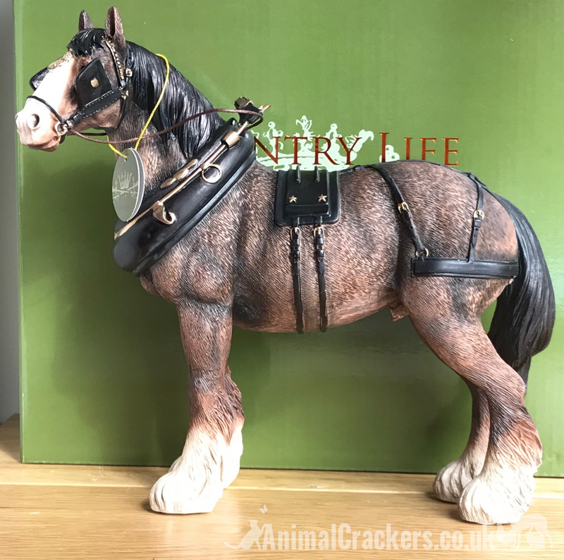 Leonardo large (length 22cm) Bay Shire Cart Heavy Horse in harness ornament figurine, gift boxed