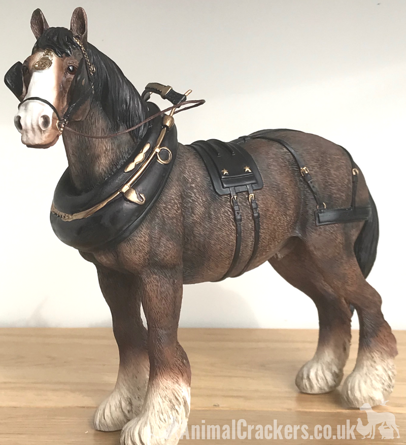 Leonardo large (length 22cm) Bay Shire Cart Heavy Horse in harness ornament figurine, gift boxed