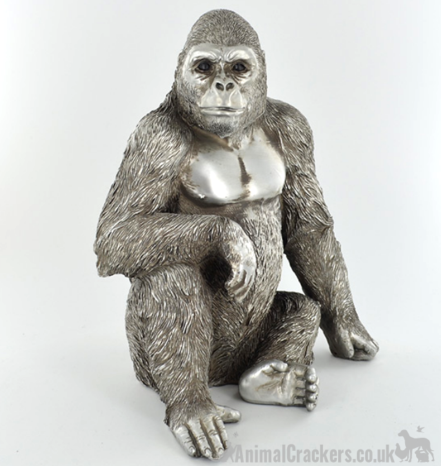 Antique silver effect sitting Gorilla ornament