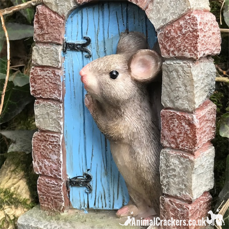 Cute Mouse in doorway with RED door, heavy resin fairy garden door ornament decoration, mice lover gift