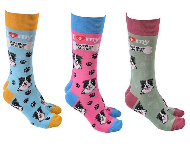 Sheepdog design socks with 'I love my Border Collie' text, quality Unisex One Size stocking filler