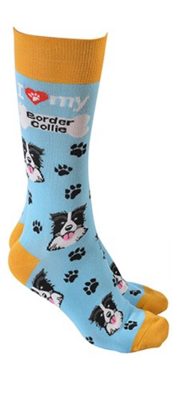 Sheepdog design socks with 'I love my Border Collie' text, quality Unisex One Size stocking filler