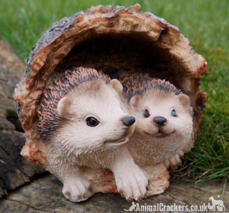 Two cute Hedgehogs in a Log, resin indoor or garden ornament, hedgehog lover gift