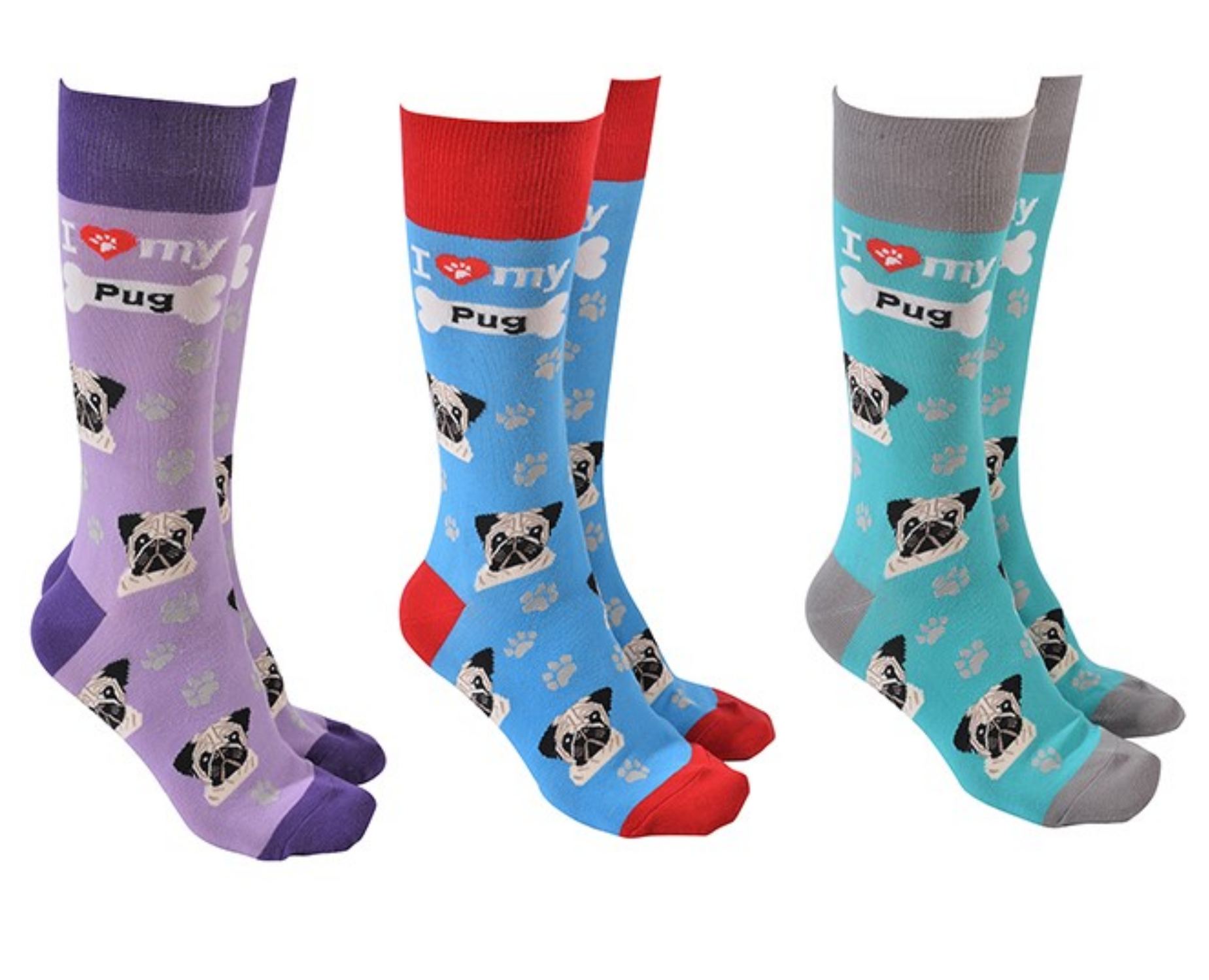 Pug design socks with 'I love my Pug' text, quality Unisex One Size st