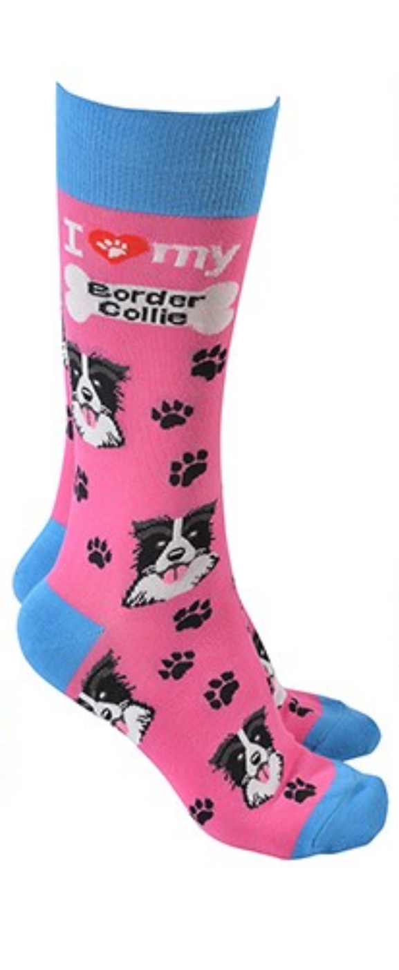 Sheepdog design socks with 'I love my Border Collie' text, quality Unisex One Size stocking filler