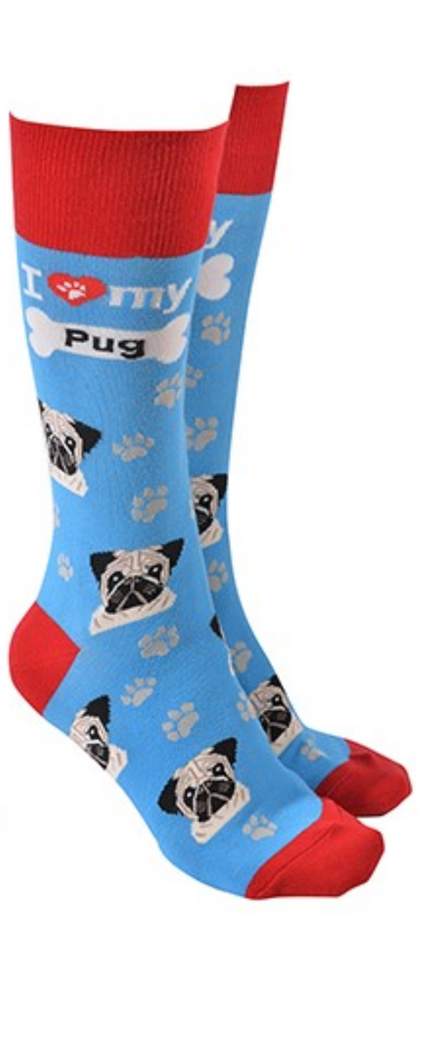 Pug design socks with 'I love my Pug' text, quality Unisex One Size stocking filler