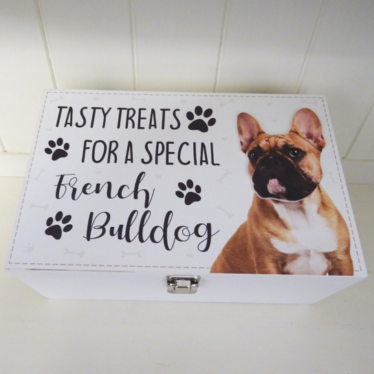 Dog Treat Box for French Bulldog, wooden food storage box container