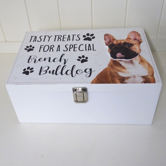 Dog Treat Box for French Bulldog, wooden food storage box container