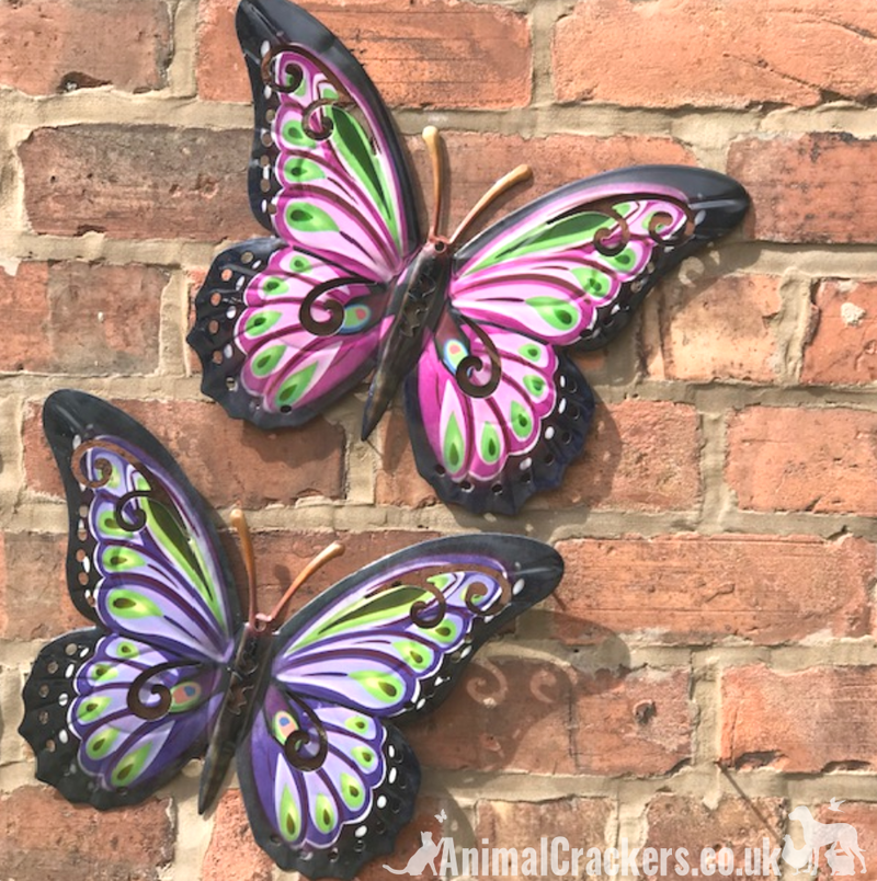 Set of 2 large 35cm metal Butterflies, 1 pink & 1 purple, lovely coloured wall art decorations