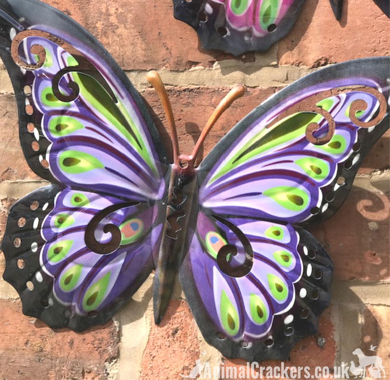 4 LARGE (35cm) metal Butterfly wall art decorations, in Purple, Pinks and Blue multi-colours