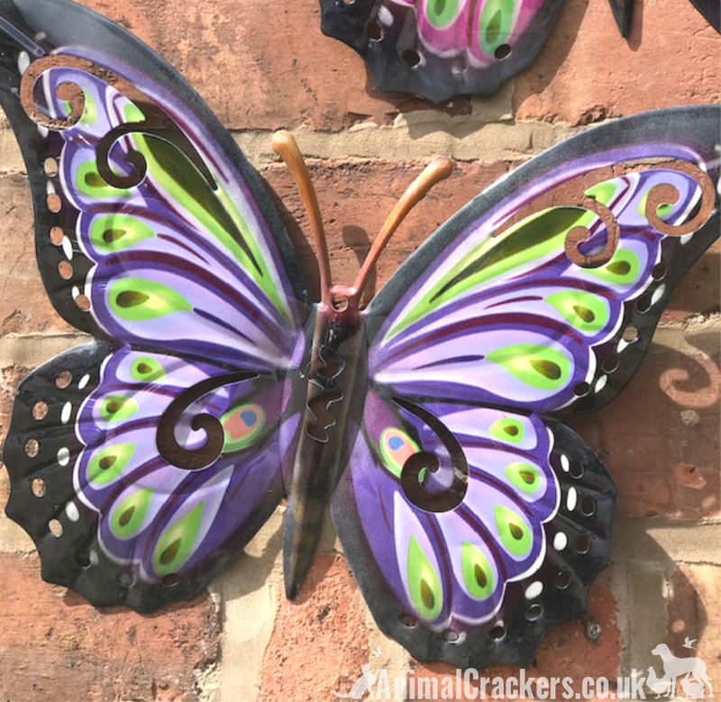 Set of 2 large 35cm metal Butterflies, 1 pink & 1 purple, lovely coloured wall art decorations