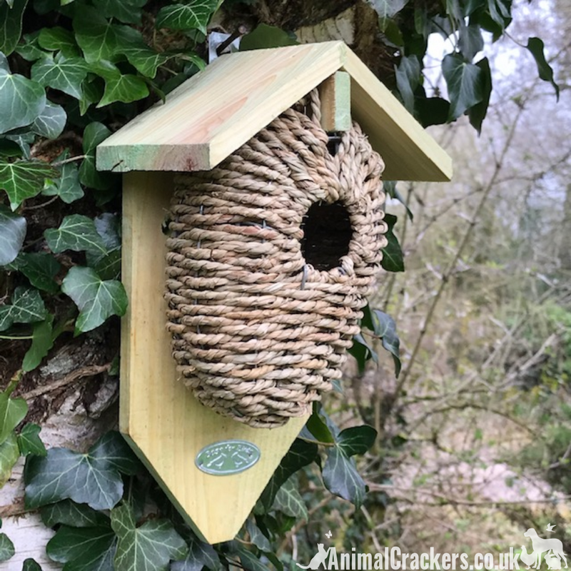 Natural wood & Seagrass Bird house nest box cocoon for wren & other small garden birds