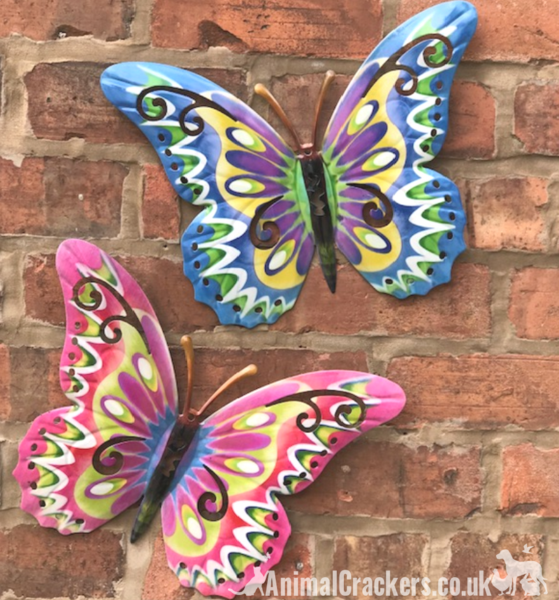 Set of 2 large 35cm Bright Pastel coloured metal Butterfly wall art decorations, one Pink multi & one Blue multi