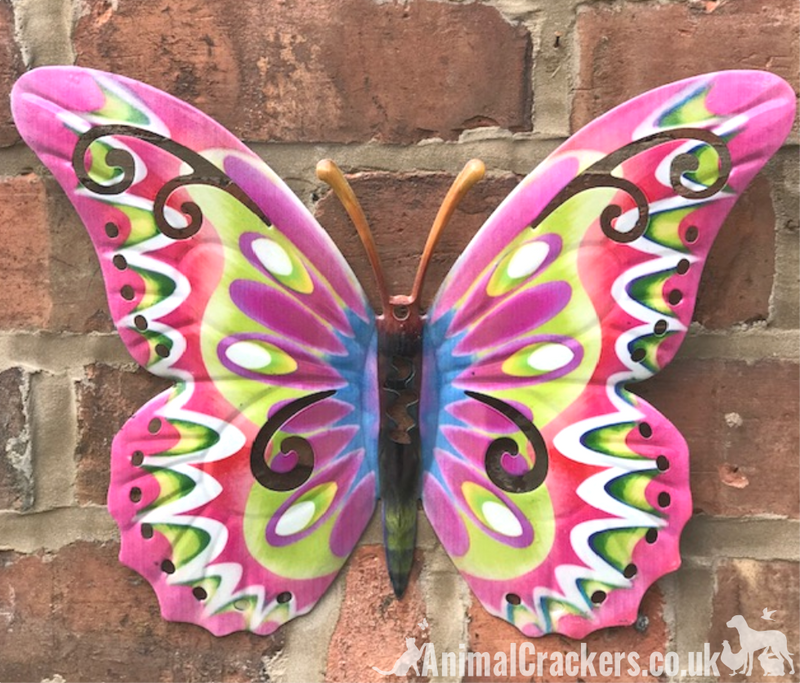 Set of 2 large 35cm Bright Pastel coloured metal Butterfly wall art decorations, one Pink multi & one Blue multi