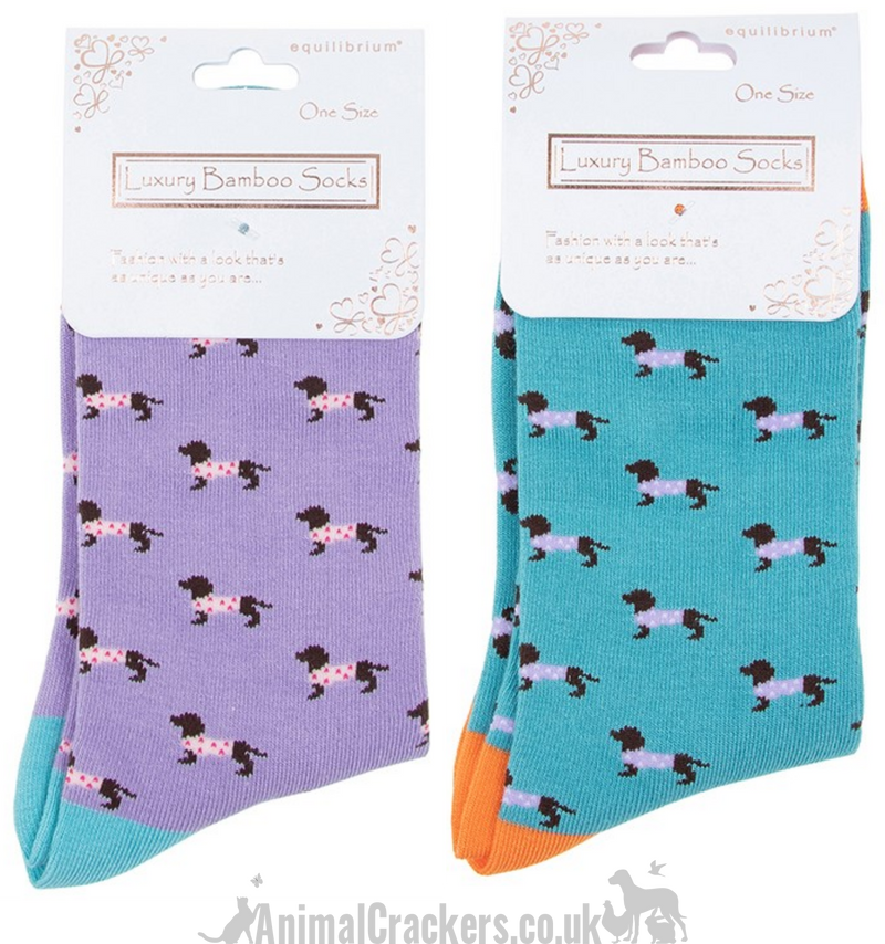 TWO PAIR GIFT SET (Lilac + Blue) Ladies quality Bamboo 'Pooch' Dachshund in spotty coat design socks