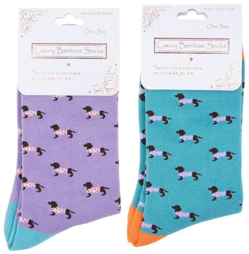 Ladies quality Bamboo 'Pooch' Dachshund in spotty coat design socks in Lilac or Blue
