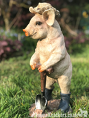 Large 40cm Pig in Wellies with spade ornament, quirky pig lover gardener decoration gift