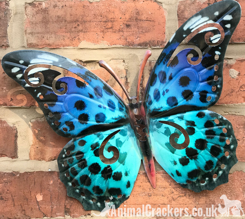 Large 35cm Blue and Green metal Butterfly garden ornament wall art decoration