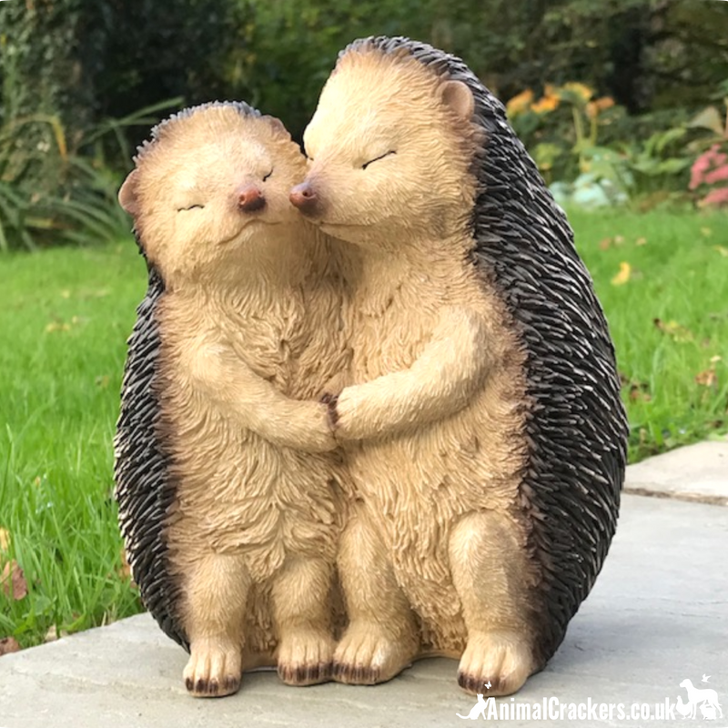 Holly & Harry Hugging Hedgehogs with removable Hedge-Hugs sign garden ornament decoration, novelty Hedgehog lover gift