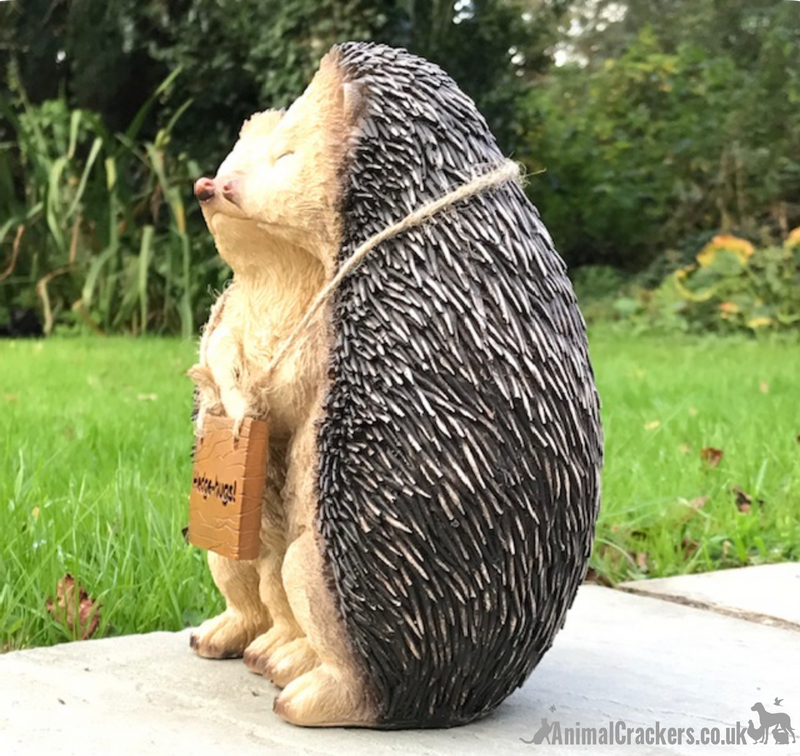 Holly & Harry Hugging Hedgehogs with removable Hedge-Hugs sign garden ornament decoration, novelty Hedgehog lover gift