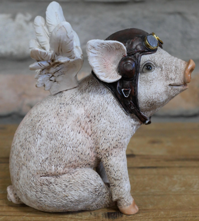 Flying Angel Pig wearing Pilot hat & goggles ornament, novelty Pig lover gift