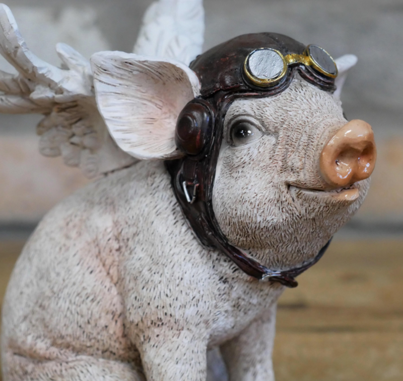 Flying Angel Pig wearing Pilot hat & goggles ornament, novelty Pig lover gift