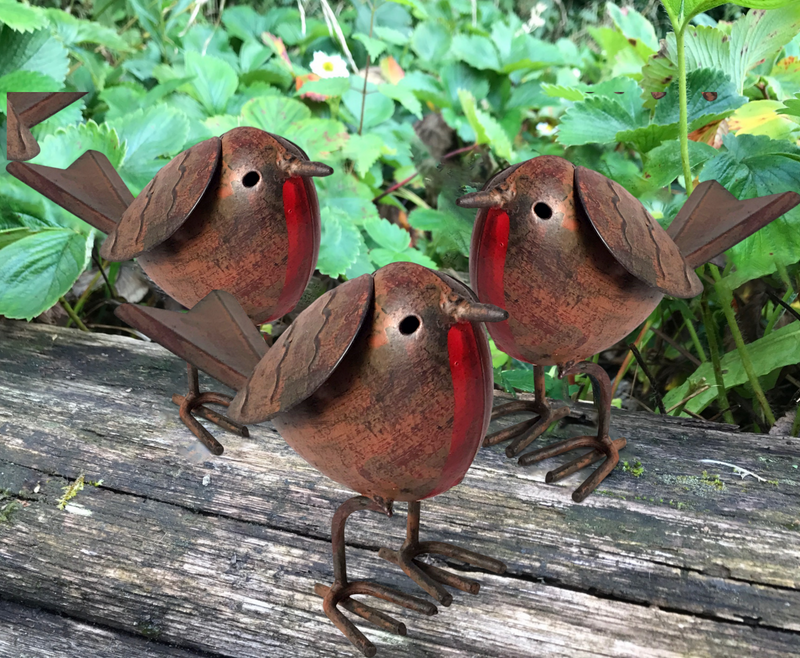 SET OF 3 quirky metal ROBIN garden ornament hand painted, indoor or outdoor decoration