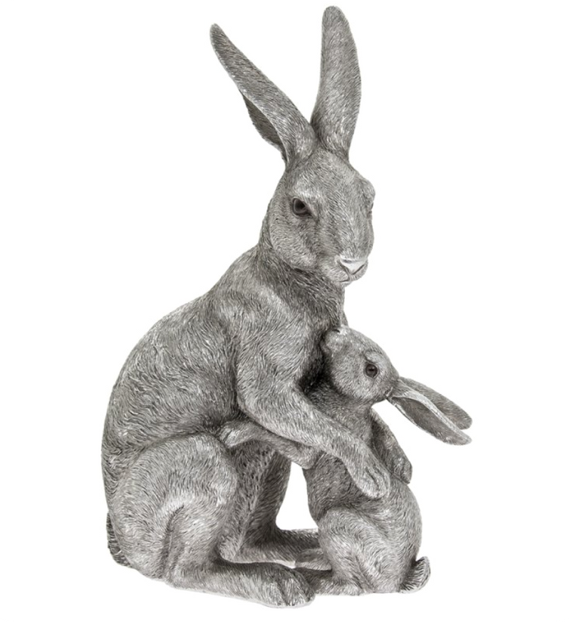 Large 25cm Leonardo Reflections Silver range aged silver effect Hare hugging Baby ornament figurine, comes in Leonardo's classic Silver gift box