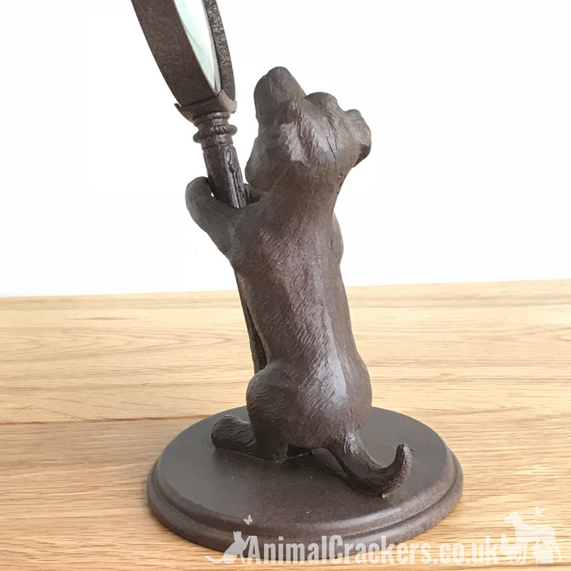 Bronze effect Dog holding magnifying glass ornament sculpture dog lover gift