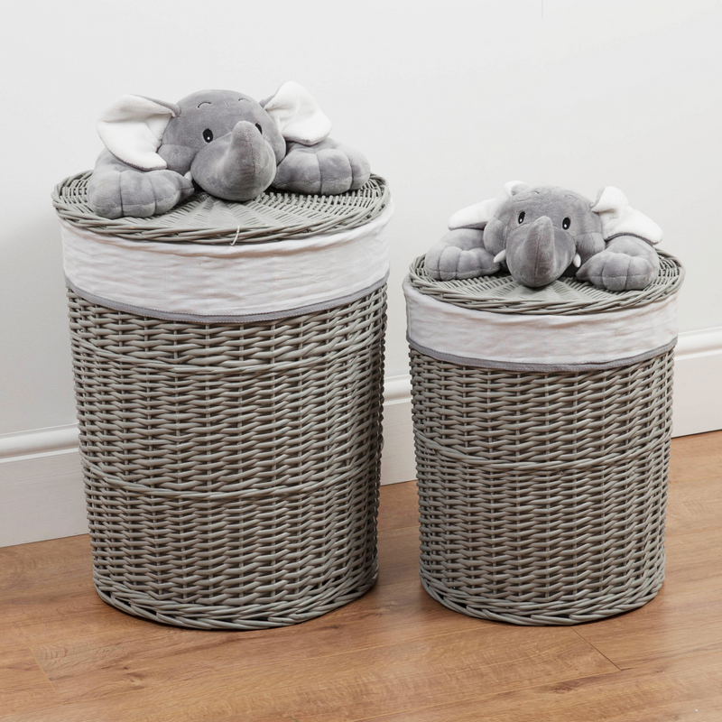 Fabulous grey wicker lined Laundry Basket with Elephant decoration on lid, available in 2 sizes