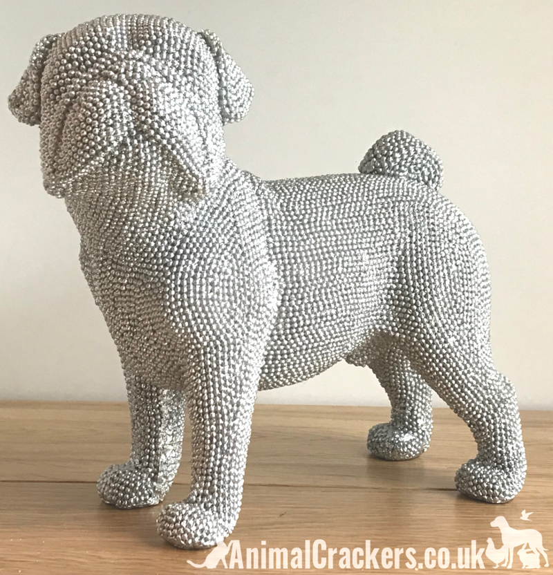 Glitzy silver diamante standing Pug ornament figurine glittery decoration sculpture boxed